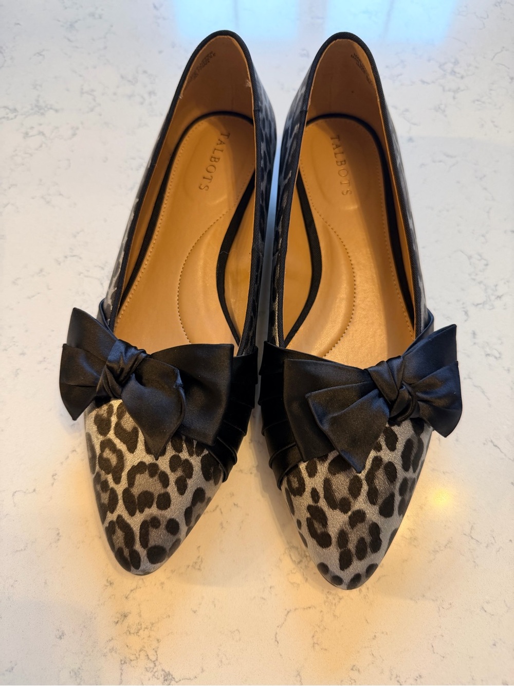 Talbots Gray and Black Leopard-Print Reece Pointed Flats with Black Bow